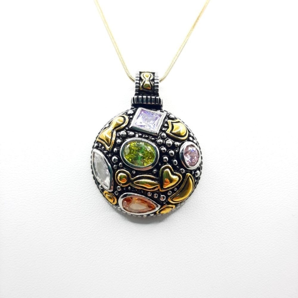 Multicolor Crystal Domed Pendant Necklace Mixed Metal Art Nouveau Boho Statement